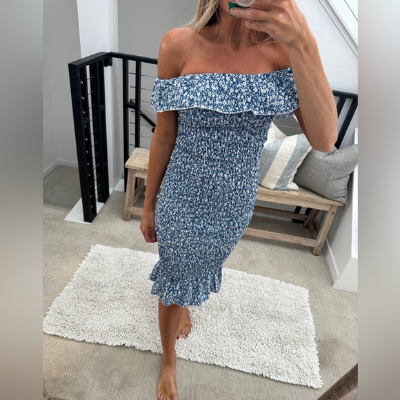 SHEIN blue & white floral off the shoulder bodycon midi ruffle summer dress XS - Picture 3 of 9